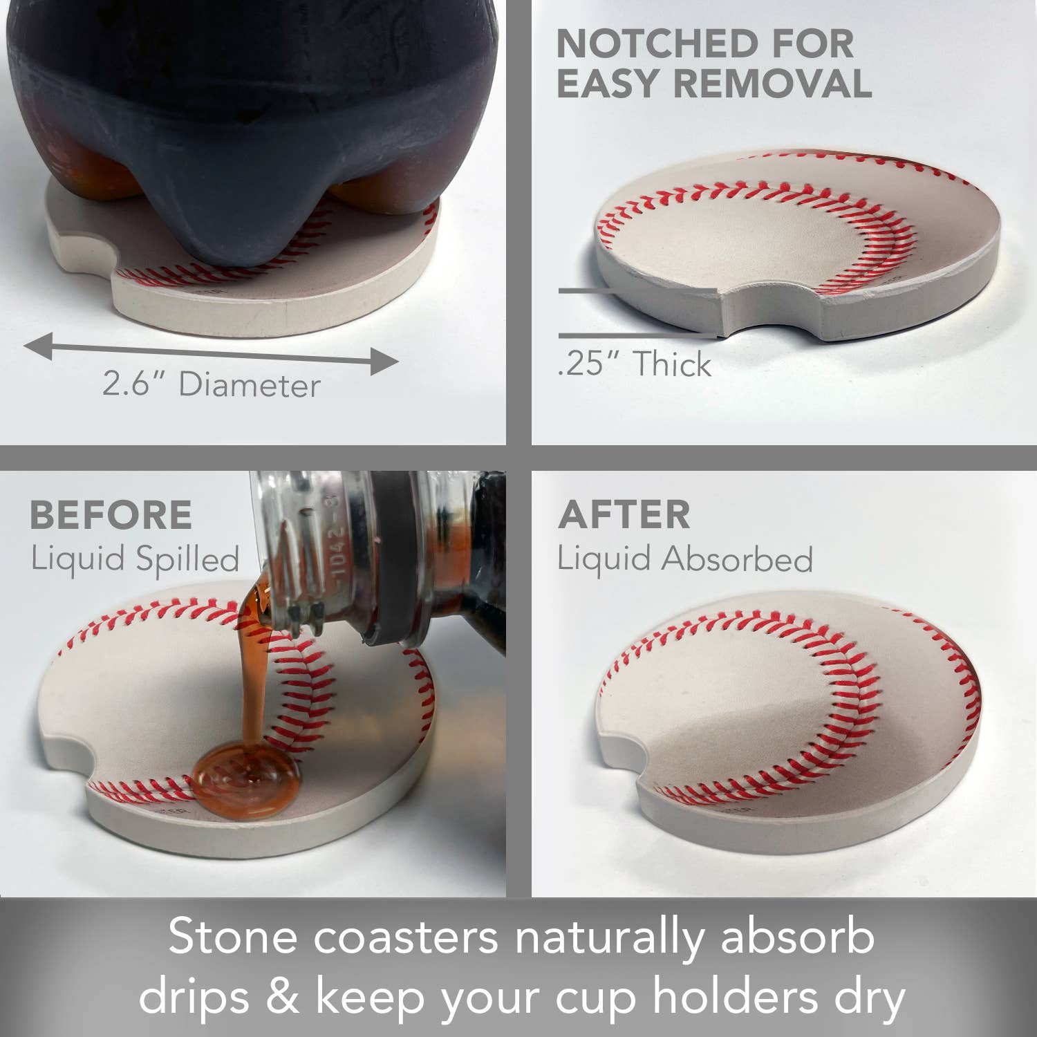 Baseball Absorbent Stone Car Coaster 1 Pk
