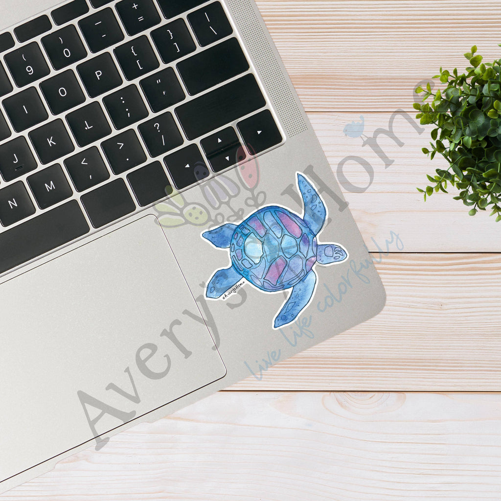 Blue Watercolor Sea Turtle 3" White Vinyl Die-Cut Sticker