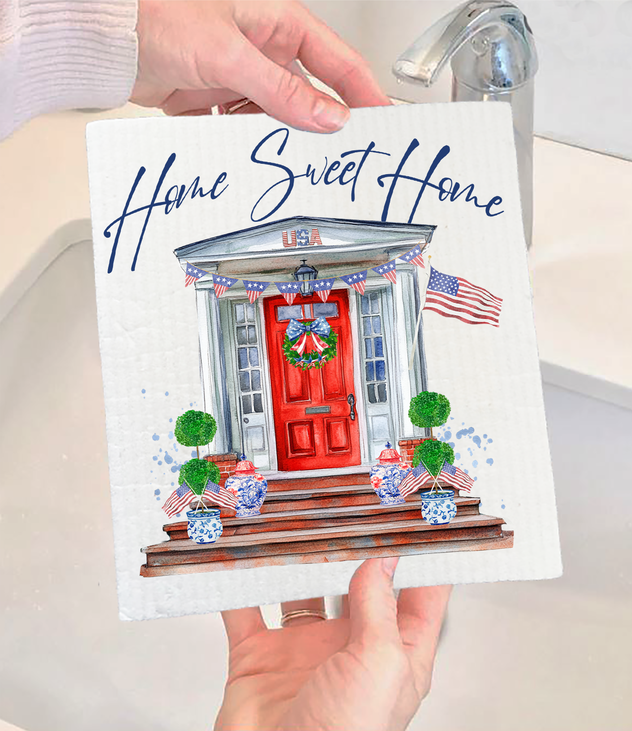Patriotic Red Door Home Sweet Home  Swedish Dishcloth