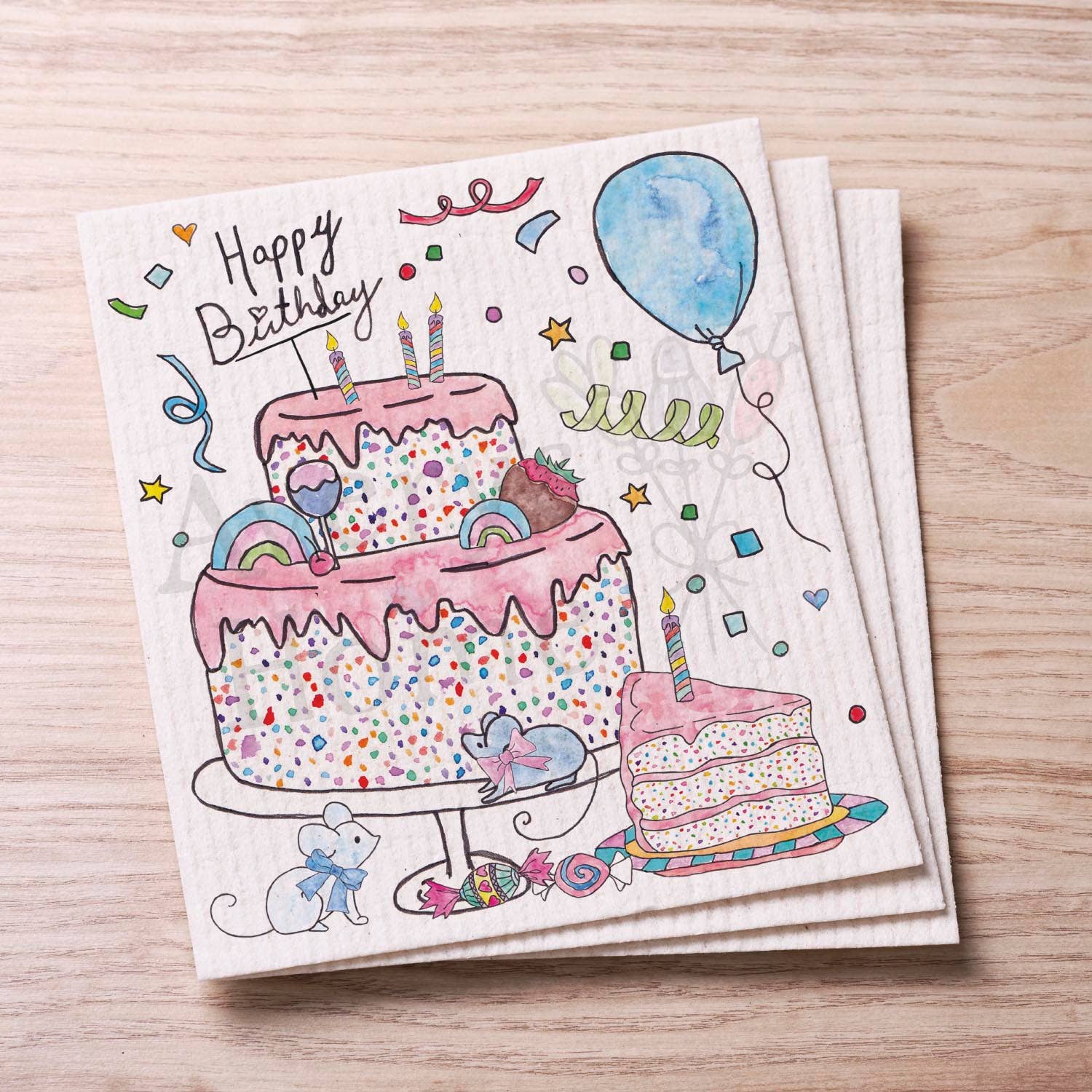 Happy Birthday Cake & Balloons Swedish Cloth