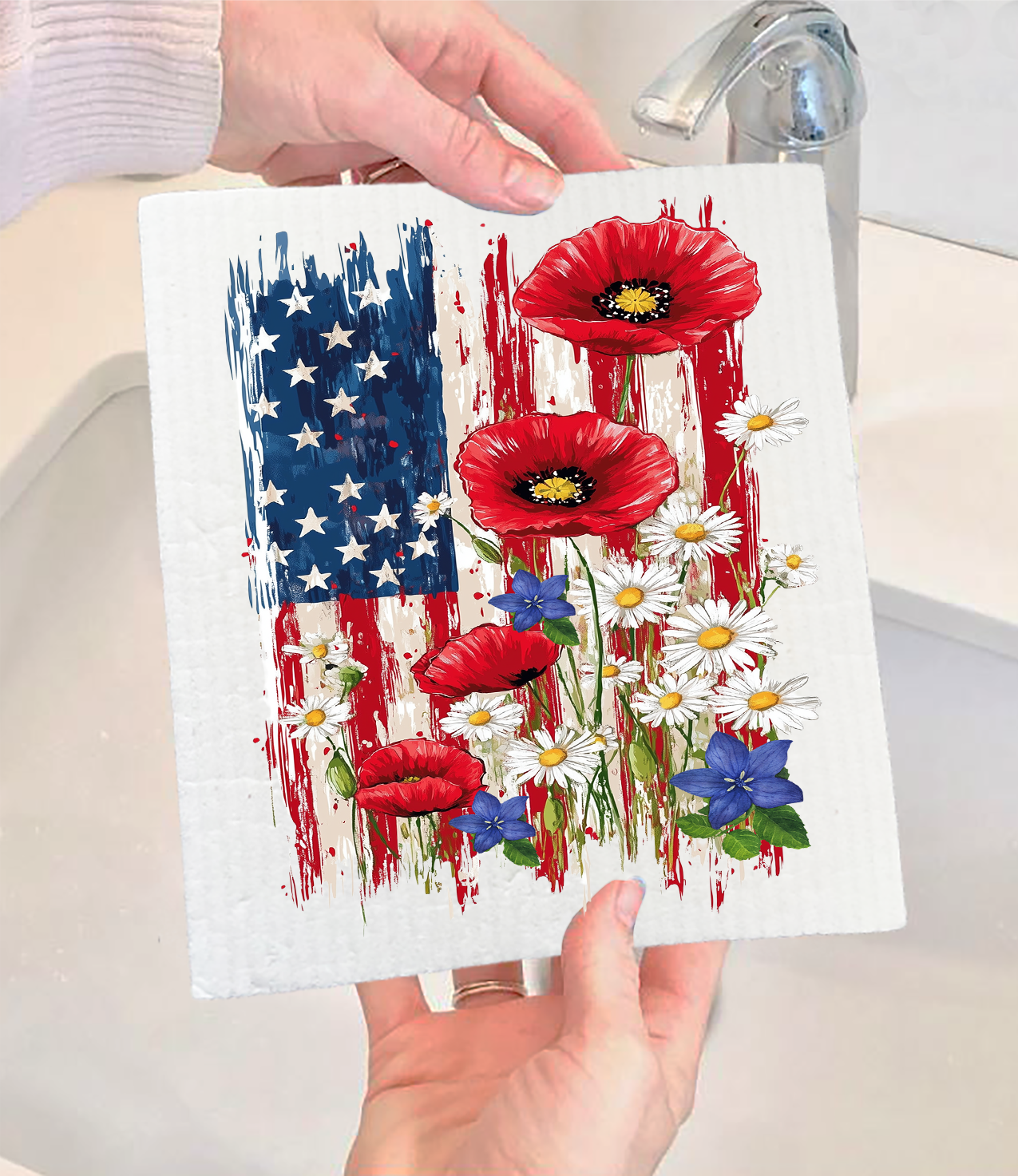 Patriotic American Flag Flowers  Swedish Dishcloth