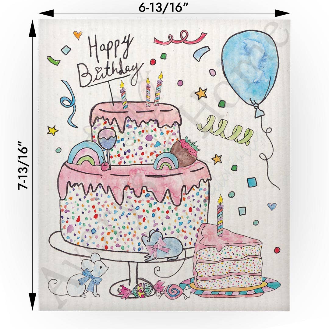 Happy Birthday Cake & Balloons Swedish Cloth
