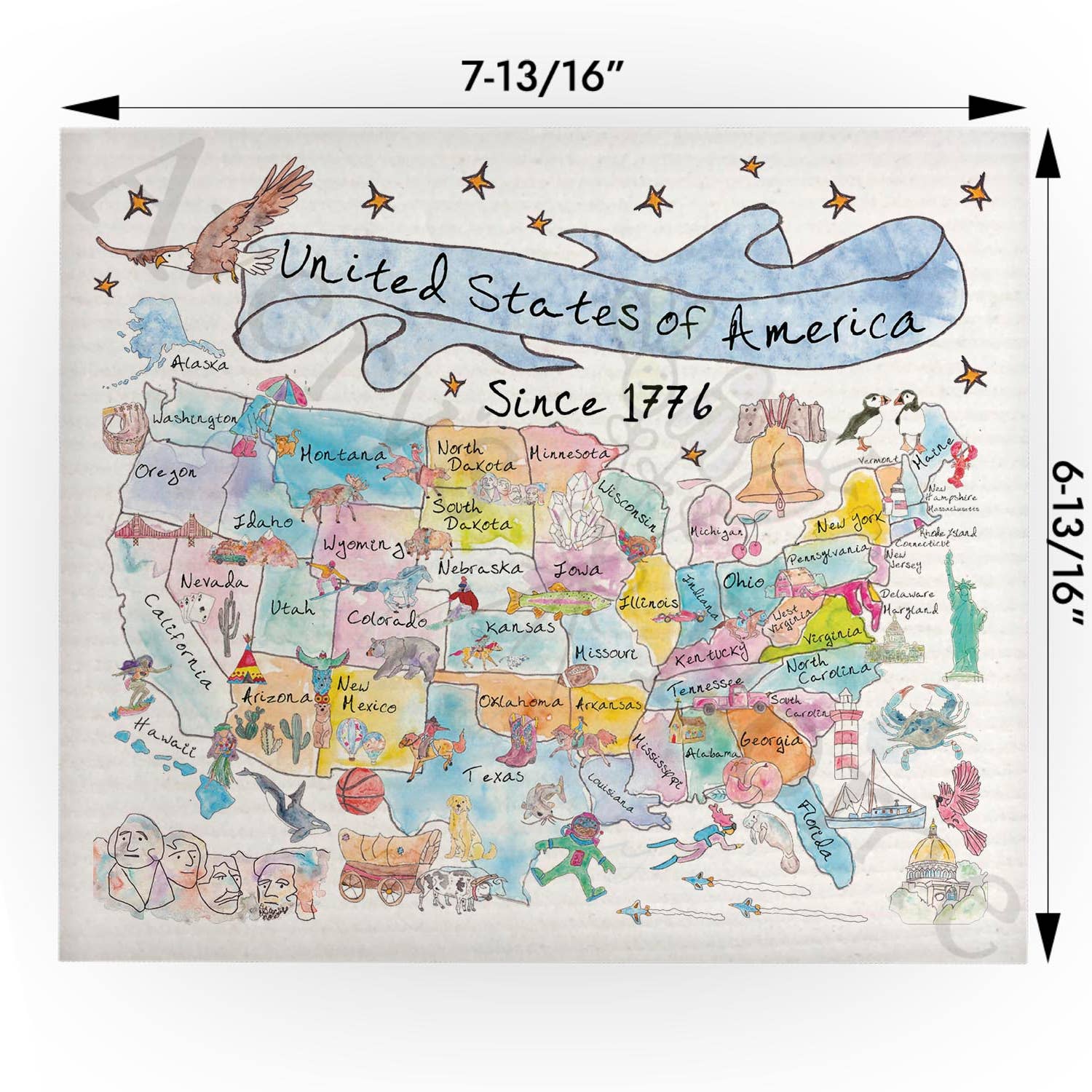 USA Illustrated Map Since 1776 Swedish Cloth