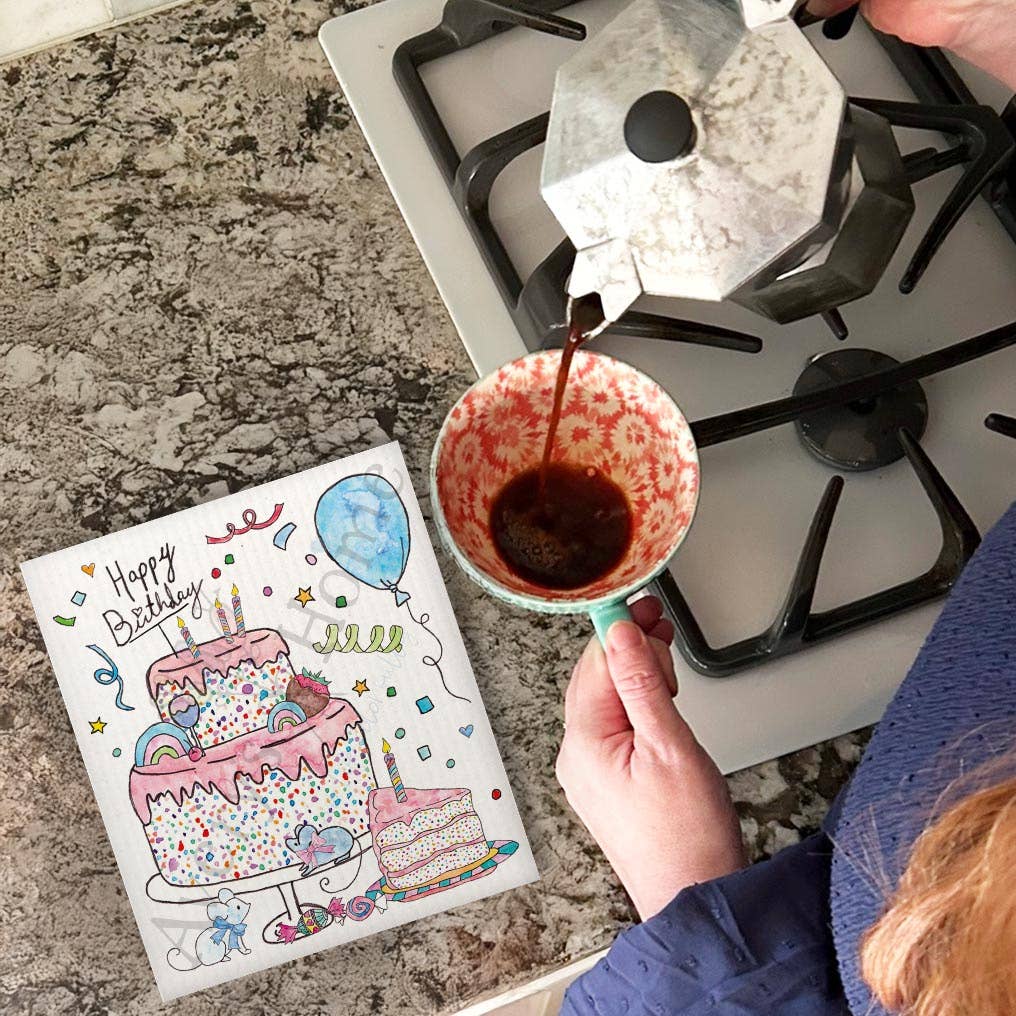 Happy Birthday Cake & Balloons Swedish Cloth