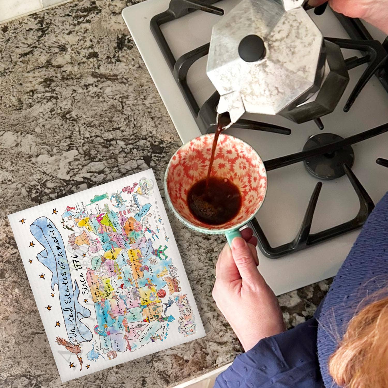 USA Illustrated Map Since 1776 Swedish Cloth