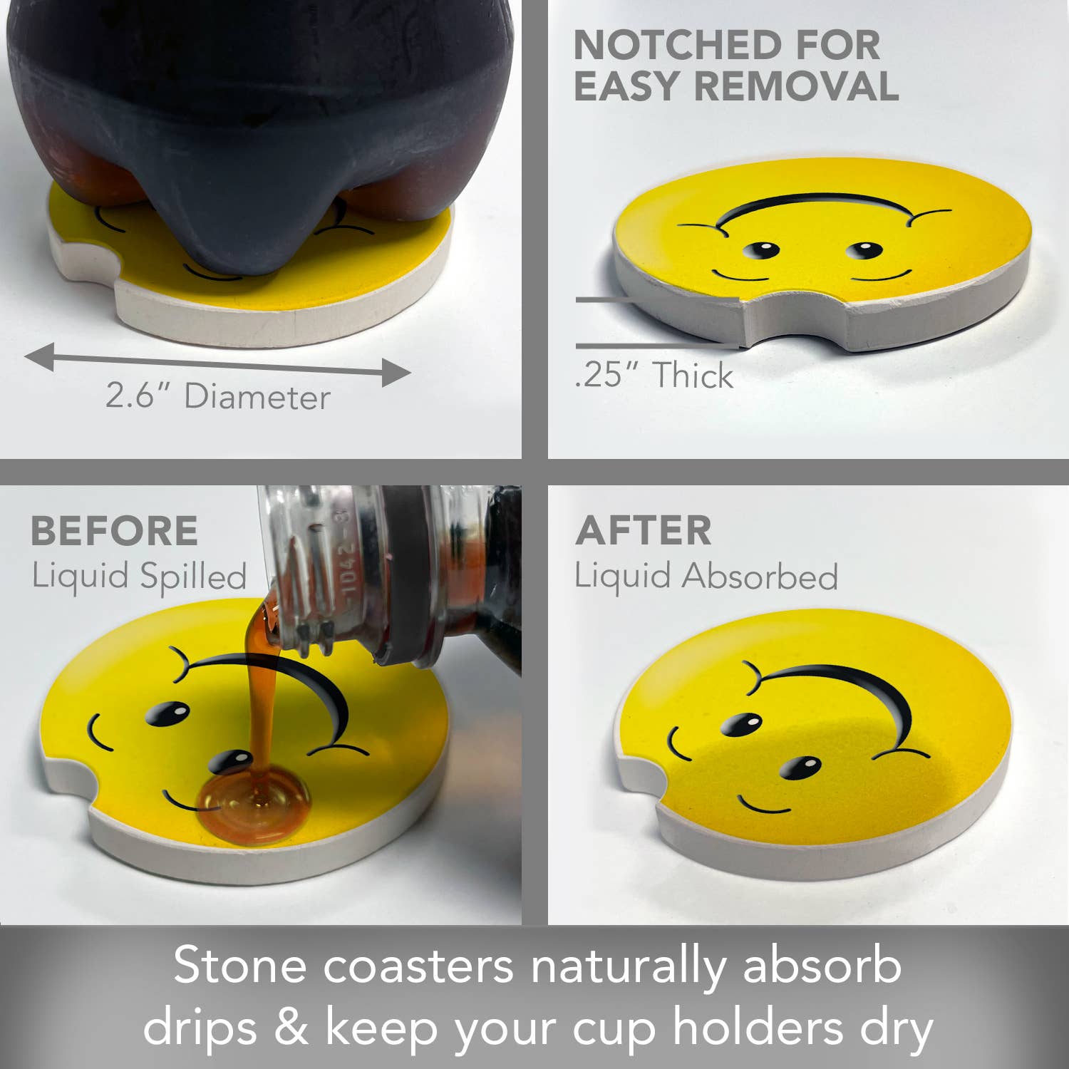 Happy Face Absorbent Stone Car Coaster 1 Pk