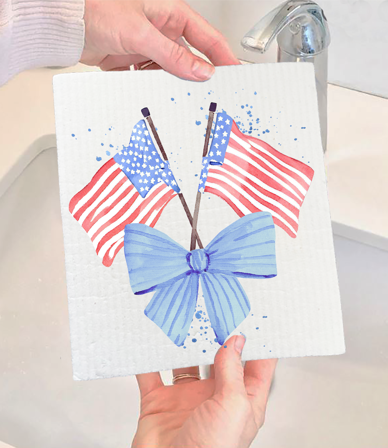 Patriotic Watercolor Flag Bow Swedish Dishcloth